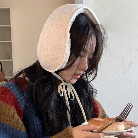 White Lamb Wool Ear Muffs in #Tan in #White main image 4